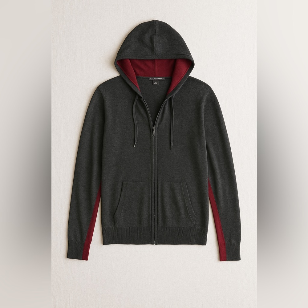 Banana Republic Merino Wool Zip Hoodie Sweater Charcoal Gray Red Trim M